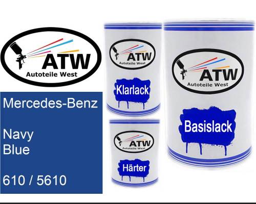 Mercedes-Benz, Navy Blue, 610 / 5610: 500ml Lackdose + 500ml Klarlack + 250ml Härter - Set, von ATW Autoteile West.